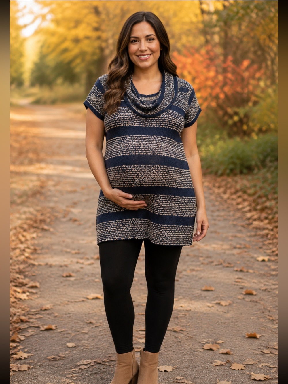Motherhood Maternity Navy and Cream Cowl Neck Sweater Dress, with navy slip